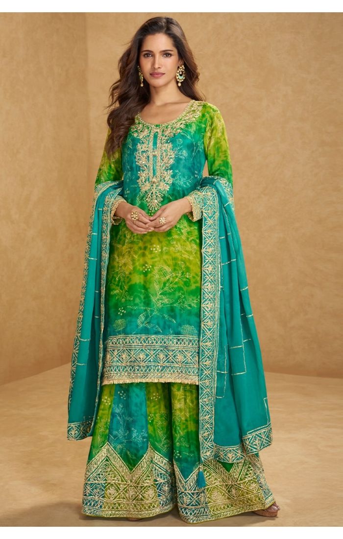 Green & Blue Premium Chinon Silk Sharara Salwar Kameez with Zari Embroidery – Front View