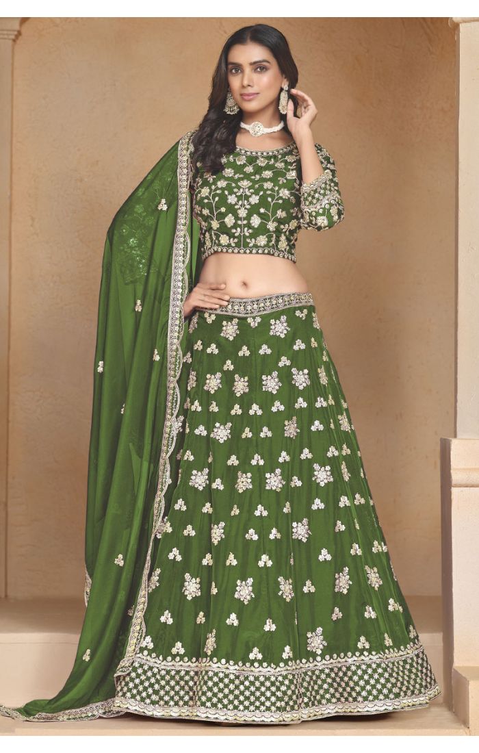 Green Embroidered Mehandi Lehenga with Matching Dupatta Online in UK and Canada