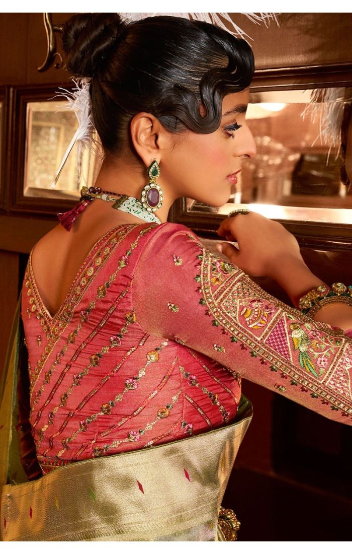 Pure silk blouse with weaving print in green color