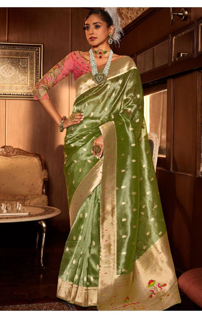 Green Paithani silk saree with zari and embroidery full drape view