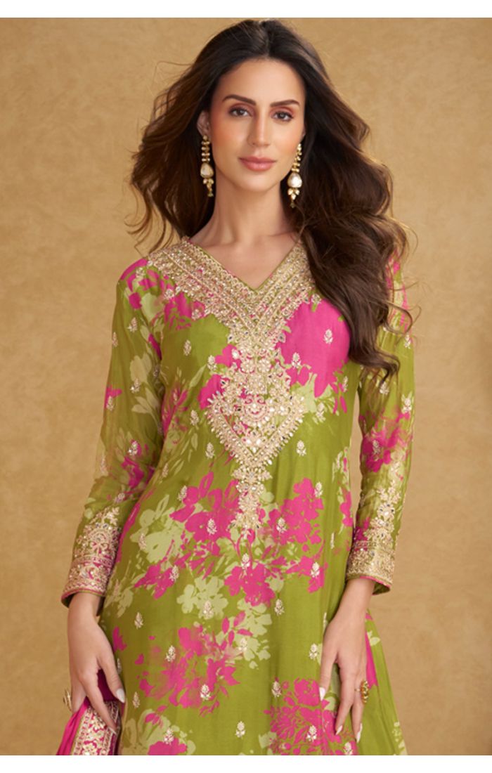 Close-up of V-Neck Embroidery and Floral Print on Green Palazzo Suit