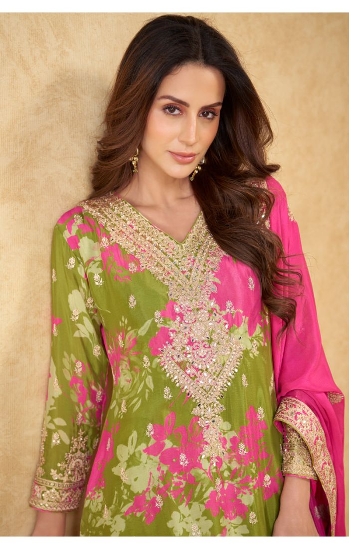 Close-up of V-Neck Embroidery and Floral Print on Green Palazzo Suit