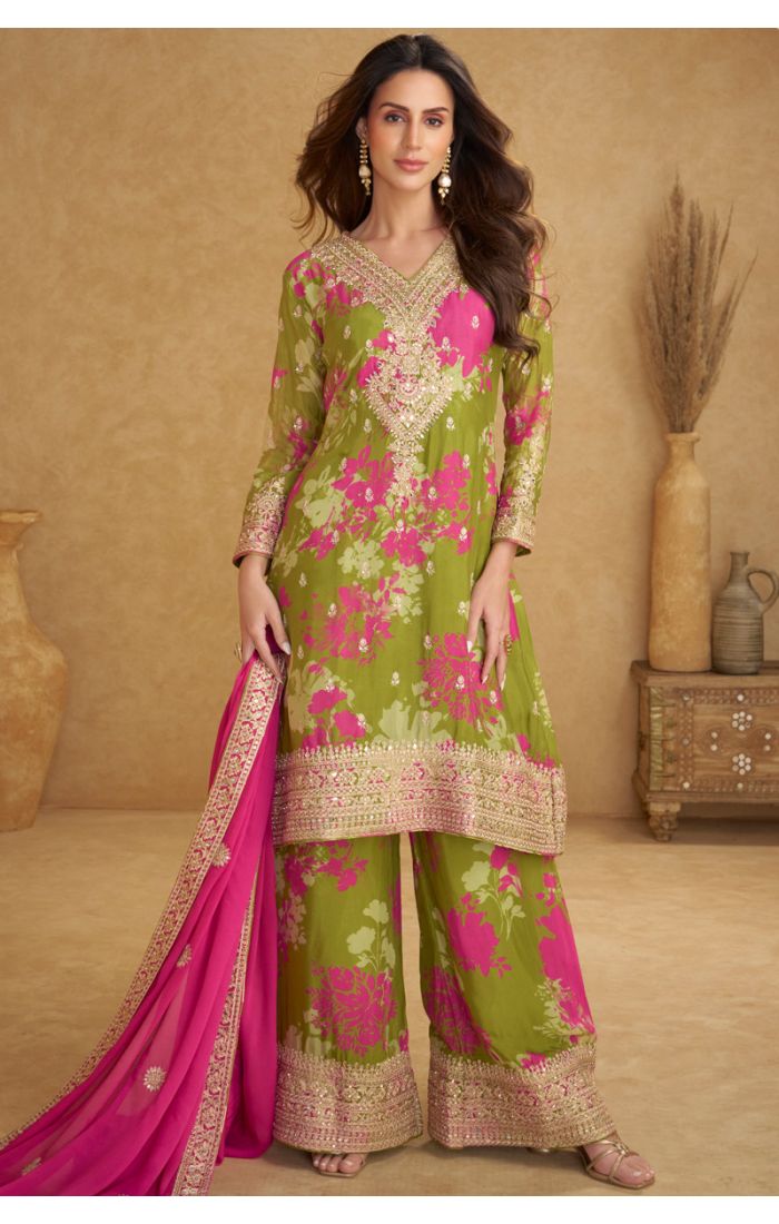 Green Rayon Floral Embroidered Palazzo Suit with Pink Dupatta