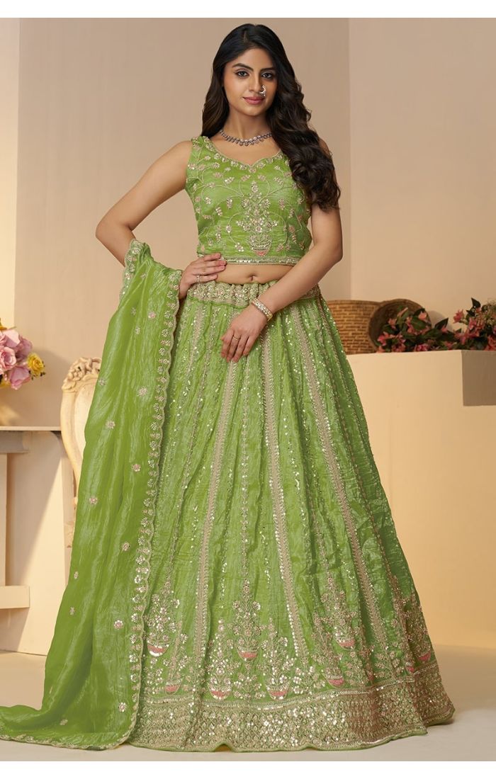 Green Mehendi lehenga with sequins and embroidered blouse for Indian weddings