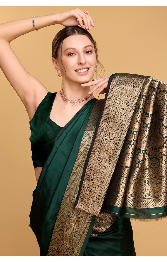 Green Soft Silk Saree with Zari Weaving and Blouse – Wedding & Festive Wear