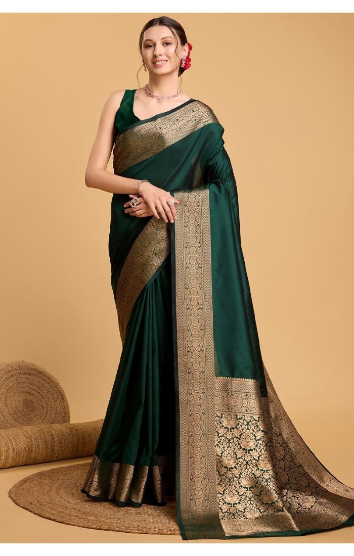 Green Soft Silk Saree with Zari Weaving and Blouse – Wedding & Festive Wear