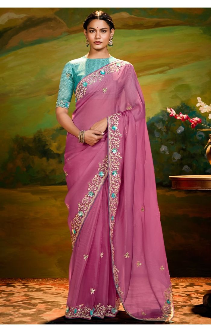 Front view of Gulnoor Charm pink organza saree with intricate zari embroidery – Appelle Fashion