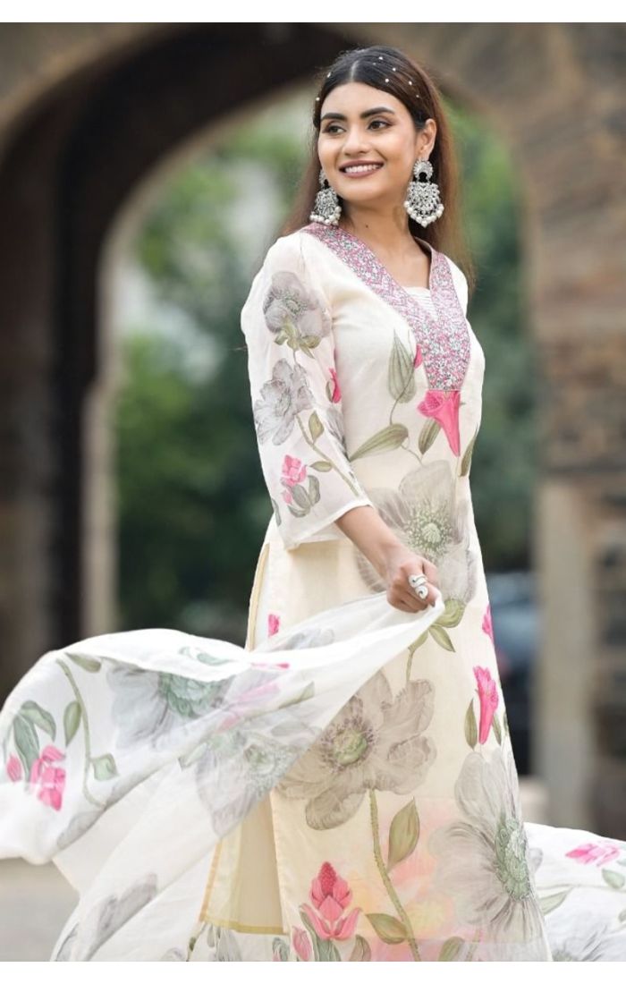  Ivory Blossom Chiffon Kurta Set – Floral Ethnic Wear for Weddings & Festive Occasions