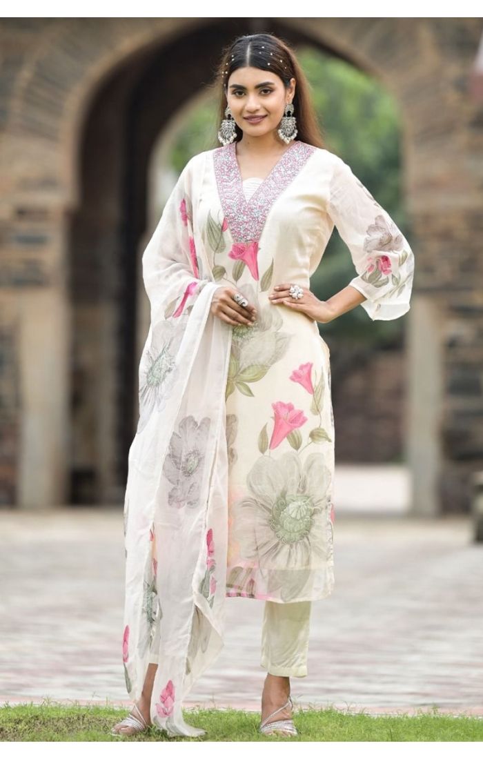  Ivory Blossom Chiffon Kurta Set – Floral Ethnic Wear for Weddings & Festive Occasions