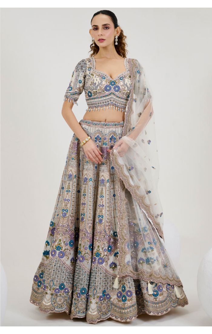 Ivory and Blue Embroidered Bridal Lehenga with Mirror & Zari Work in UK - LEHV3880