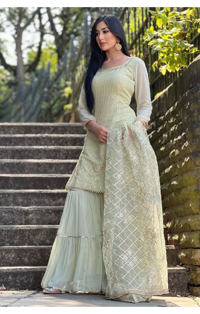 Ivory Chinnon Silk Embroidered Sharara Suit with Dupatta – Wedding & Festive Wear