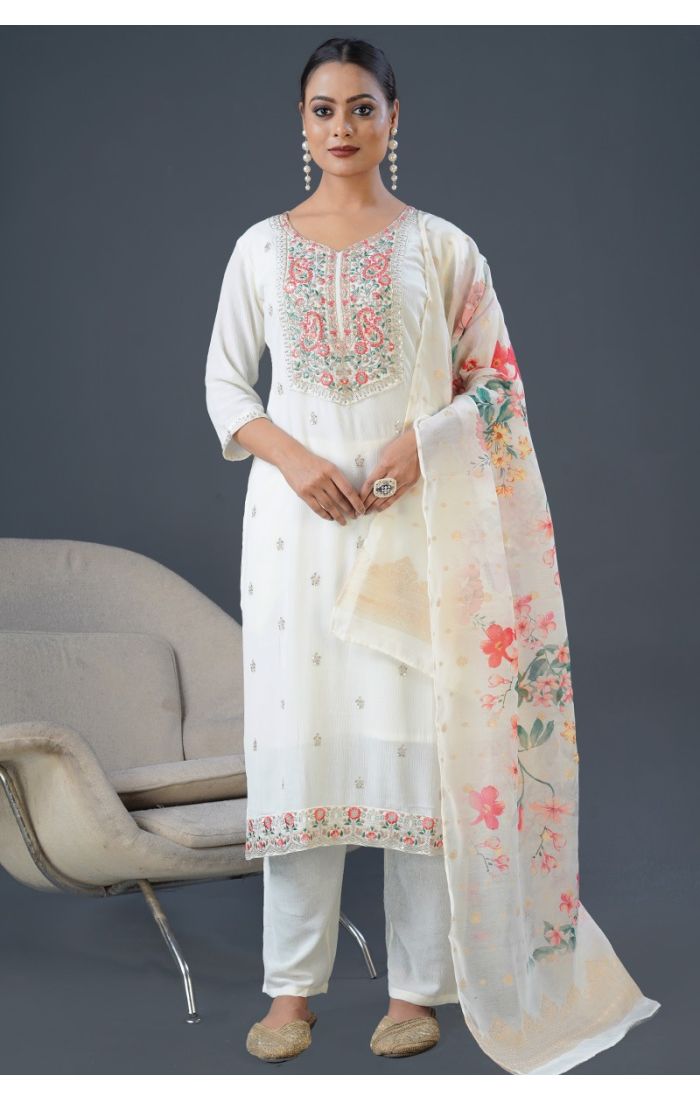 Buy Ivory Cotton Embroidered Kurta Set with Floral Dupatta online - Appelle Fashion | SALV5702