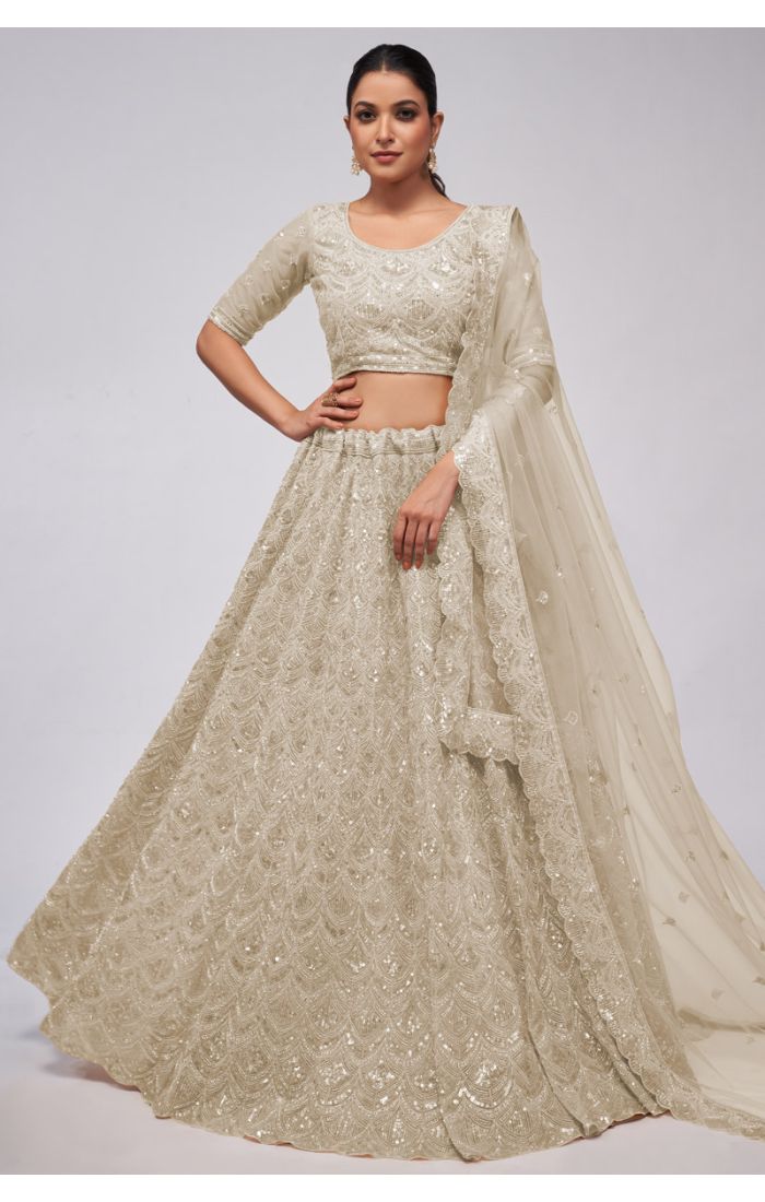 Ivory Designer Georgette Wedding Lehenga with sequin embroidery, perfect for weddings and festive celebrations.