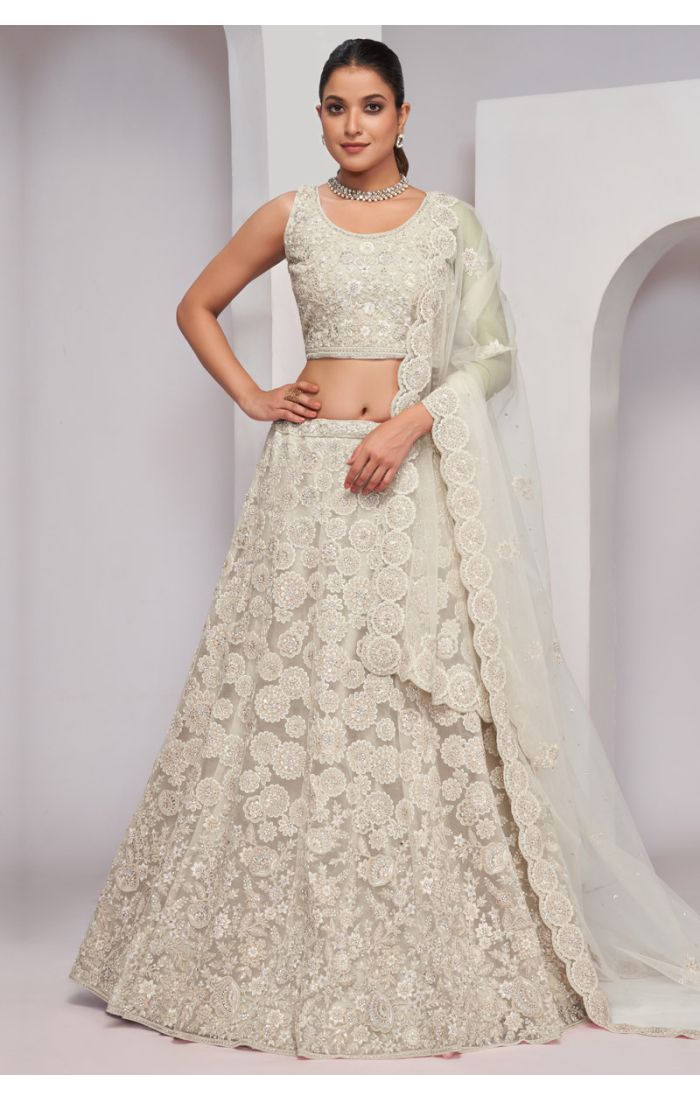 Ivory Floral Embroidered Net Lehenga Choli with Dupatta