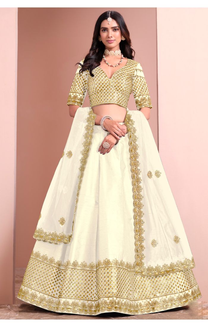 Ivory & Gold Bridal Lehenga Choli with Embroidered Dupatta – Wedding & Festive Wear