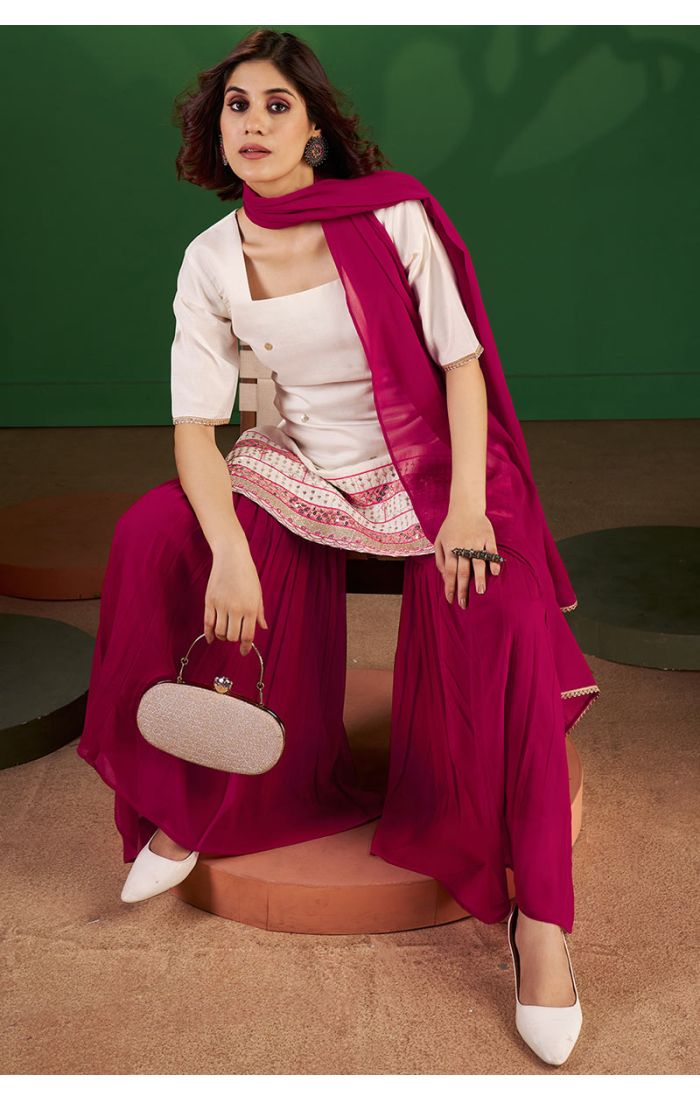 Festive Ivory Kurta with Mirror Work and Magenta Georgette Sharara – SALV5803
