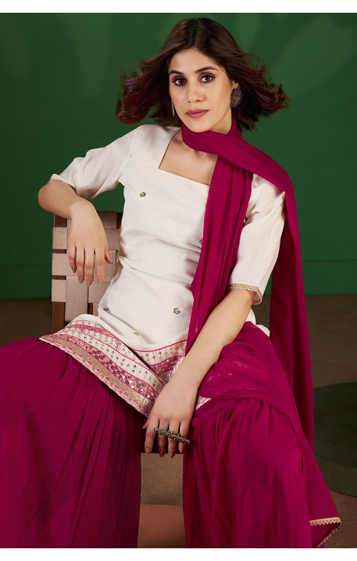 Festive Ivory Kurta with Mirror Work and Magenta Georgette Sharara – SALV5803