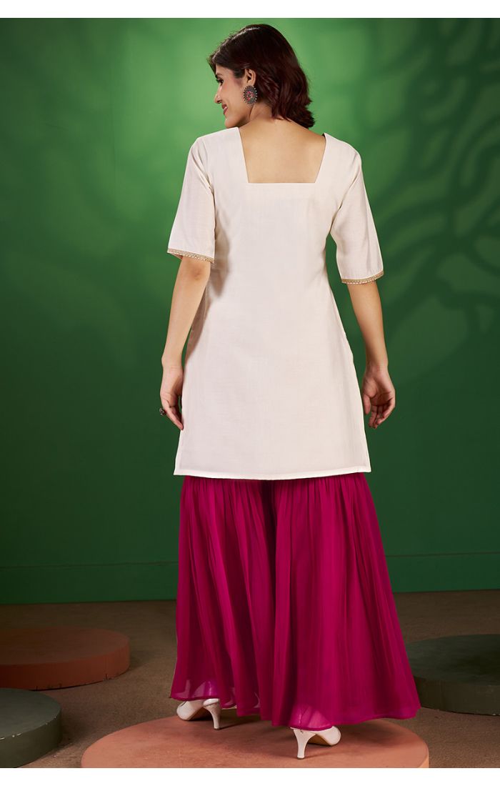 Festive Ivory Kurta with Mirror Work and Magenta Georgette Sharara – SALV5803