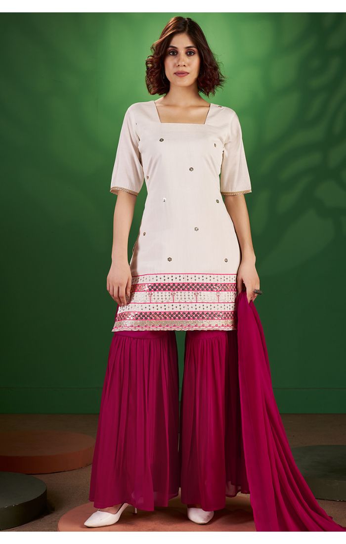 Ivory & Magenta Georgette Sharara Suit with Square Neck and Half Sleeves – SALV5803