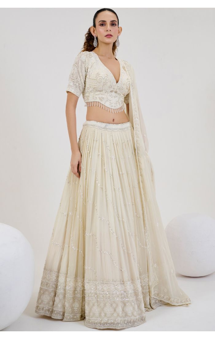 Buy Ivory Sequined Bridal Lehenga with Embroidered Blouse in UK Online- LEHV3891