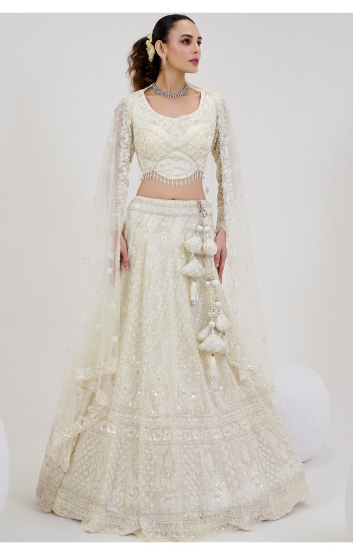 Ivory White Bridal Lehenga with Pearl Embroidery and Net Dupatta in UK - LEHV3882