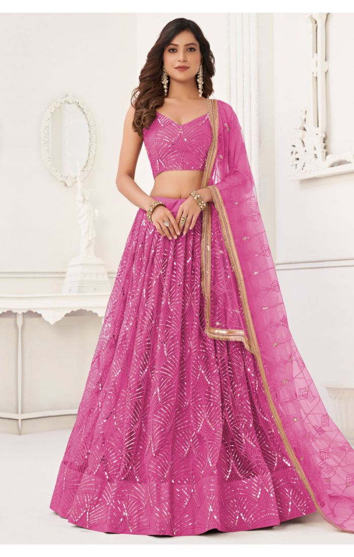 Pink Mirror Work Lehenga Choli with Foil Prints – Perfect for Weddings and Festive Occasions.