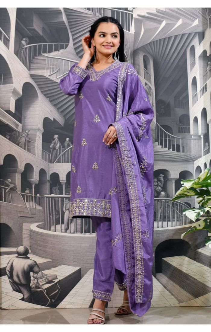 Lavender Chinon silk suit with embroidery and dupatta, perfect for weddings, festive wear, and ethnic occasions in the UK, USA, and Canada.