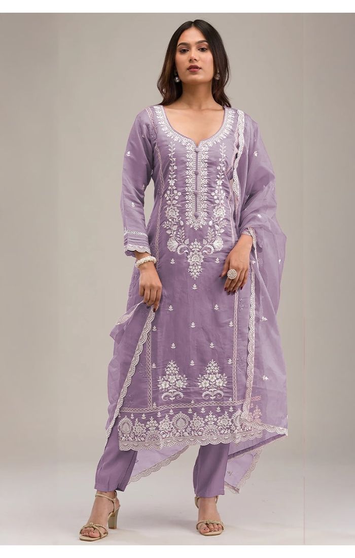 Lavender Cotton Chikankari Embroidered Salwar Suit for Women – Wedding & Festive Wear