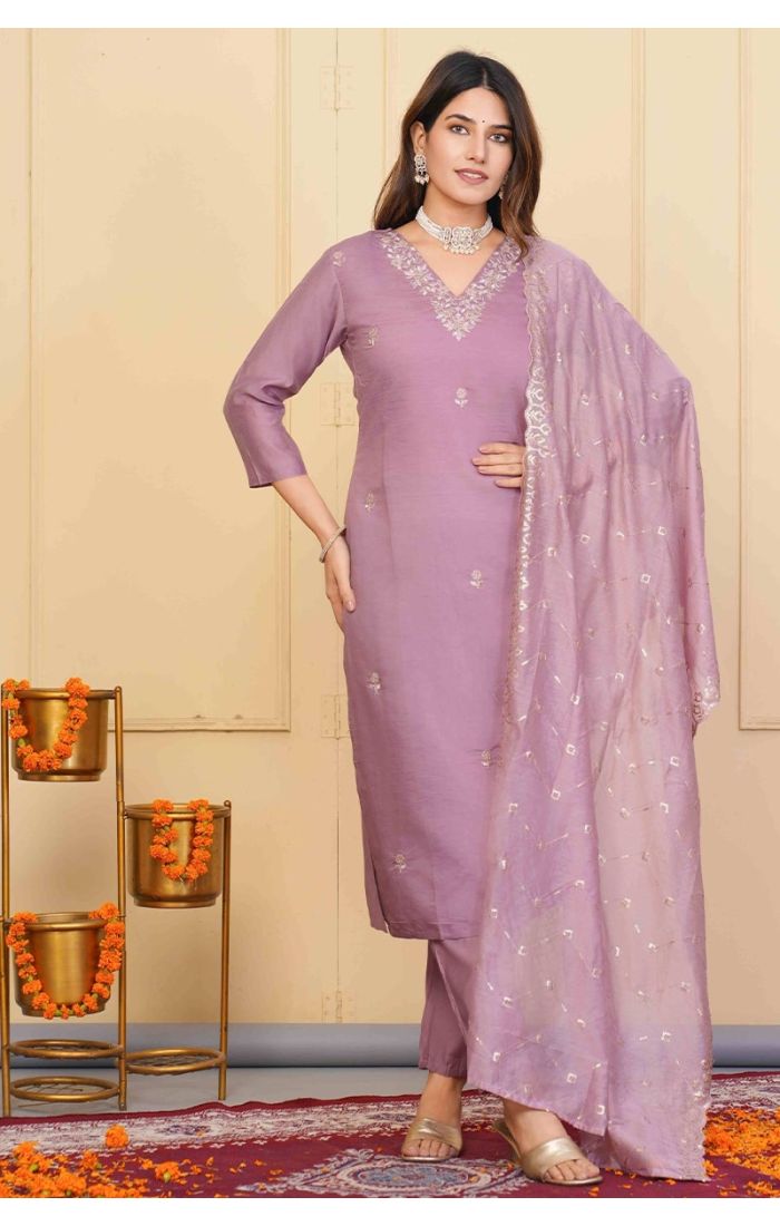 Lavender Embroidered Chanderi Kurta Set with Dupatta for Weddings & Festive Wear in UK, USA, Canada, and Europe.