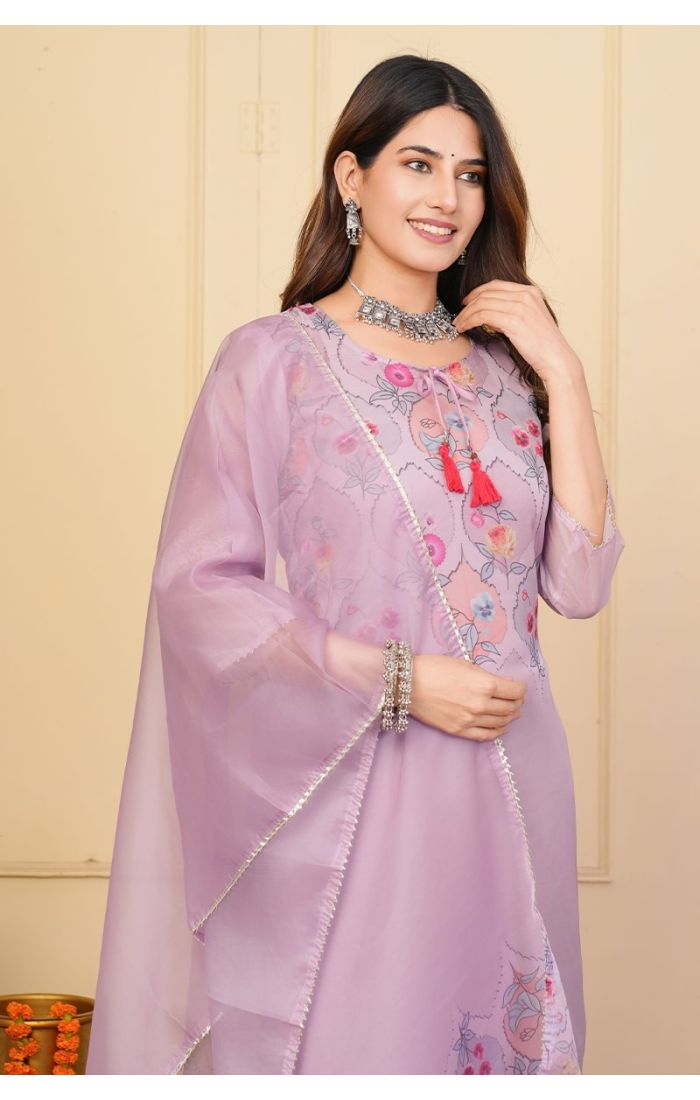  Lavender Embroidered Organza Kurta Set with Sheer Dupatta for Wedding & Festive Wear