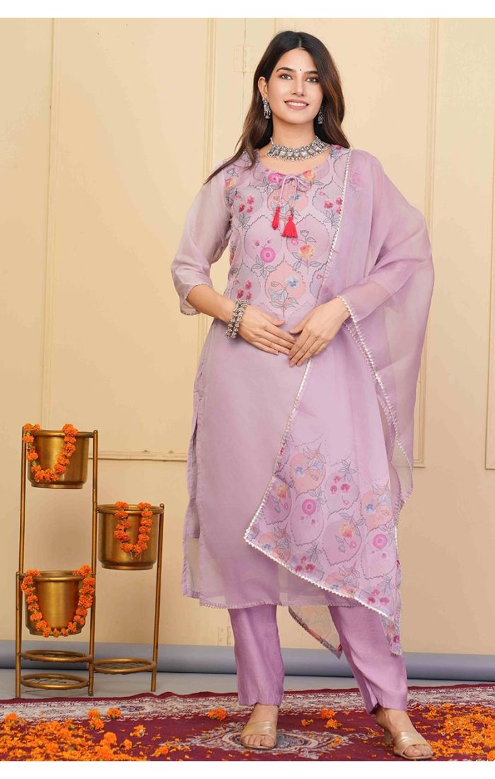  Lavender Embroidered Organza Kurta Set with Sheer Dupatta for Wedding & Festive Wear