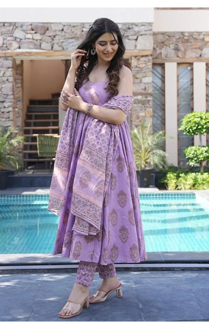 Lavender flared kurta set with gold block print, wedding & festive wear.