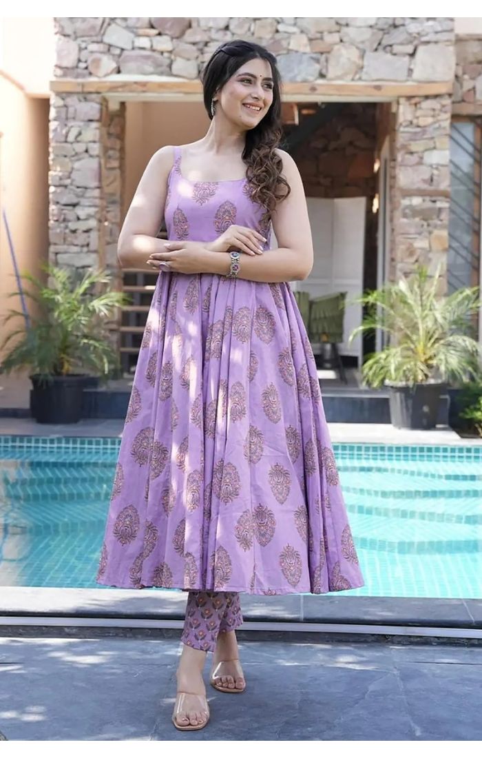 Lavender flared kurta set with gold block print, wedding & festive wear.