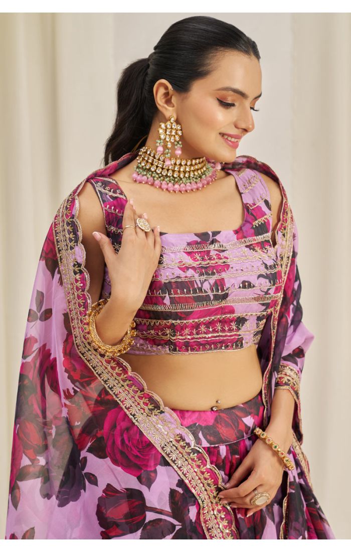 Close-up of lavender floral lehenga choli blouse detailing with golden embroidery — LEHV4123