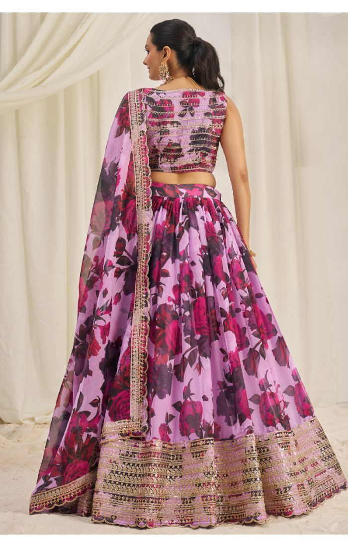 Back view of lavender floral georgette lehenga choli showcasing embroidered blouse — LEHV4123