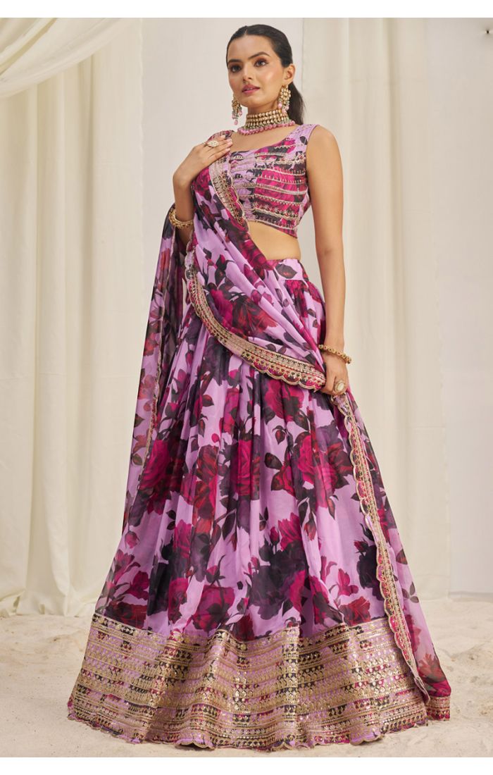 Front view of lavender floral georgette lehenga choli with embroidered square neck blouse and lace dupatta — LEHV4123