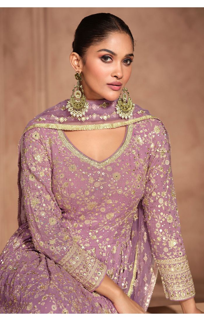 Buy Georgette Lavender Anarkali Salwar Suit with Net Dupatta online - Appelle Fashion | SALV5718