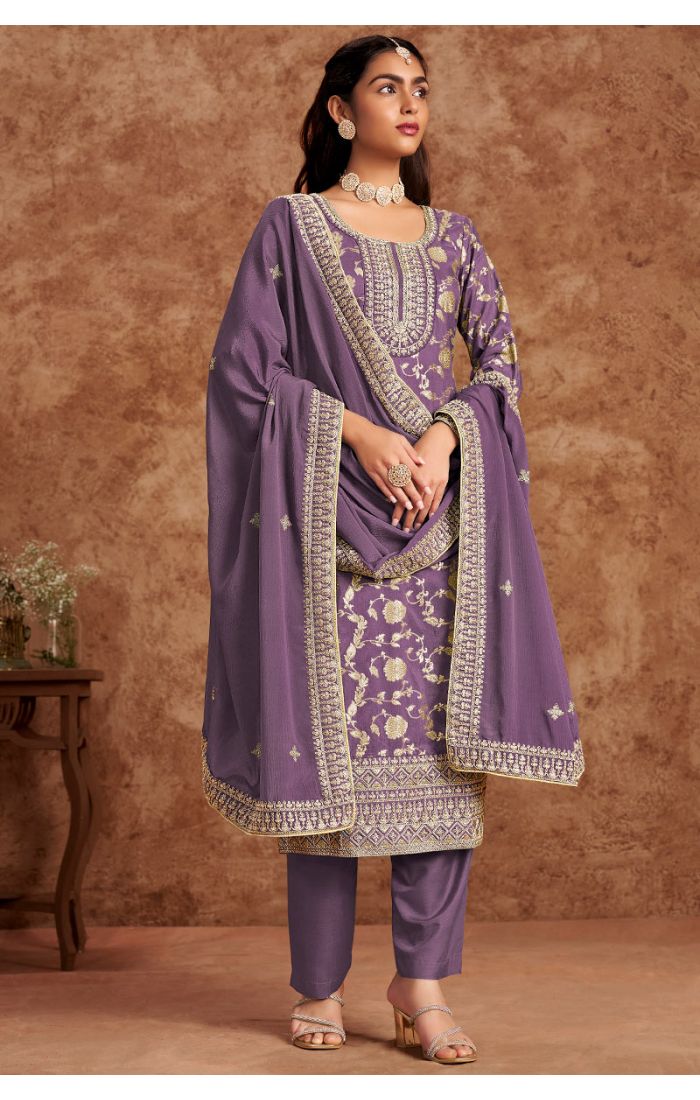 Lavender premium silk salwar suit with embroidery — full view