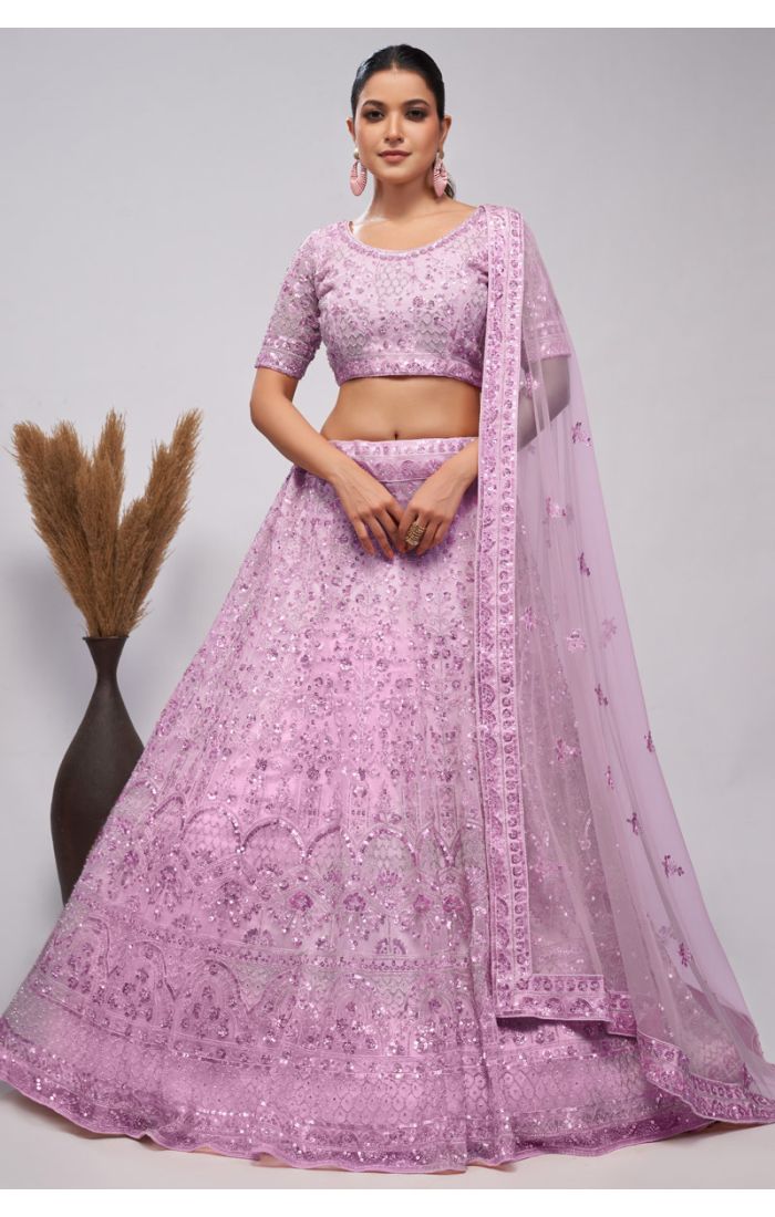 Lavender Sequined Net Lehenga Choli with intricate embellishments for weddings.