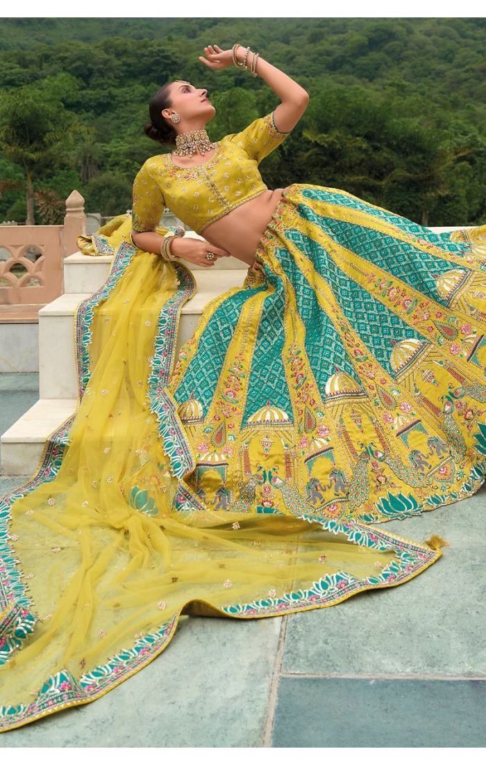 Lemon Banarasi Lehenga Choli with intricate embroidery – perfect for weddings and festive occasions.