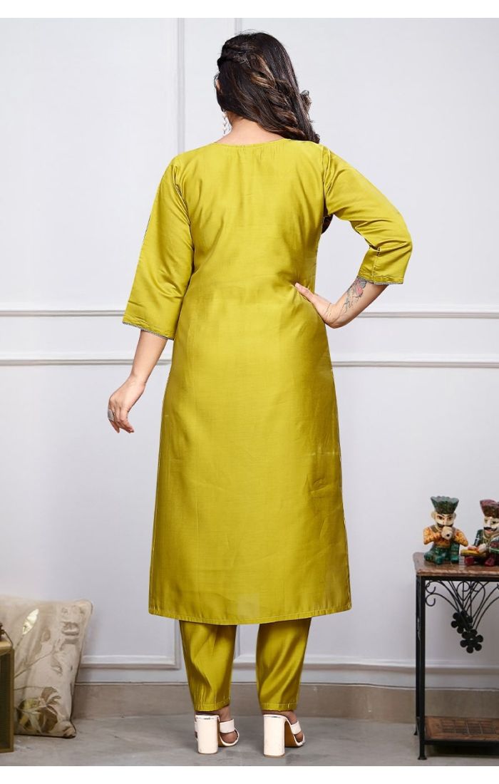 Lemon Glow Embroidered Cotton Kurti Set with Dupatta – Wedding & Festive Wear