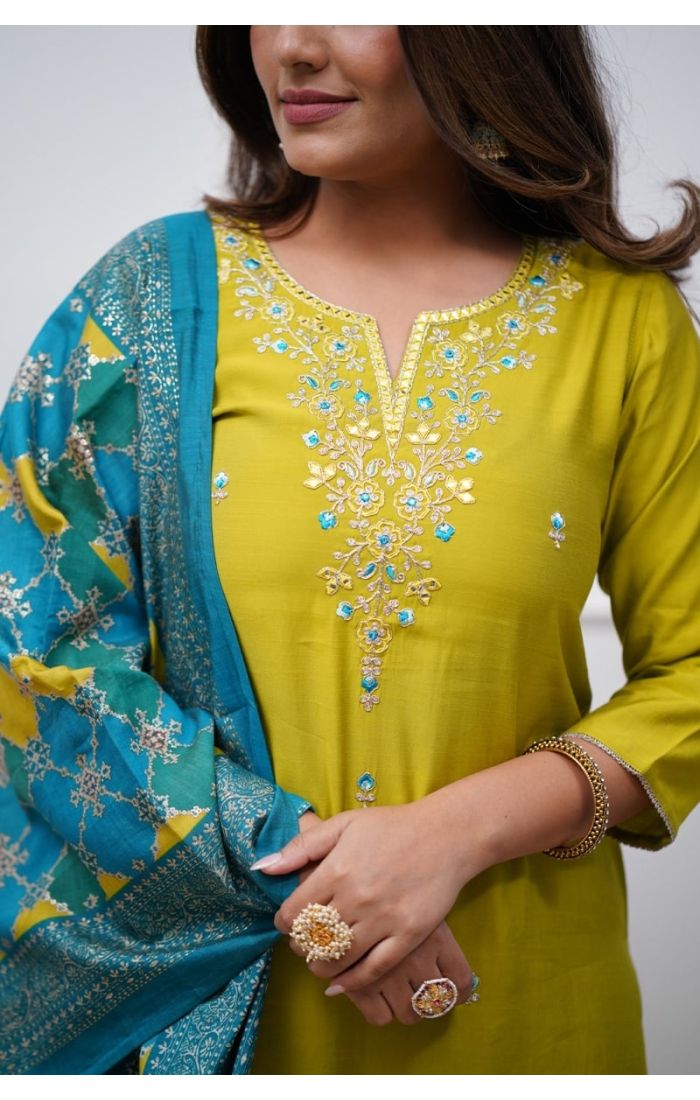 Lemon Glow Embroidered Cotton Kurti Set with Dupatta – Wedding & Festive Wear