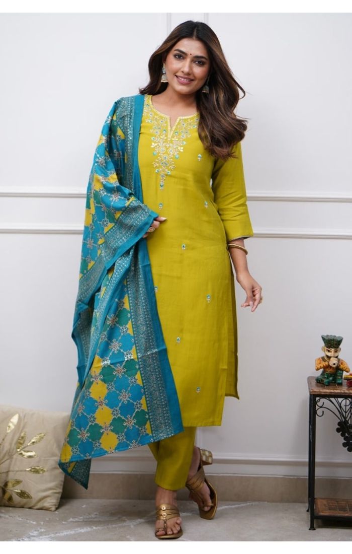 Lemon Glow Embroidered Cotton Kurti Set with Dupatta – Wedding & Festive Wear