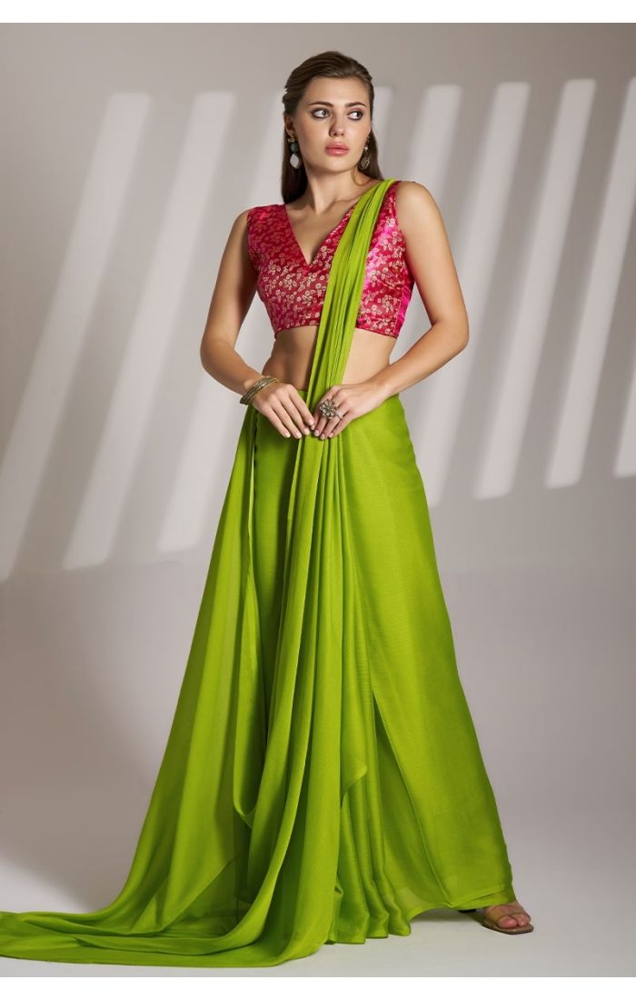 Lime Green Chiffon Saree with Pink Embroidered Blouse - Wedding & Partywear Saree for Women