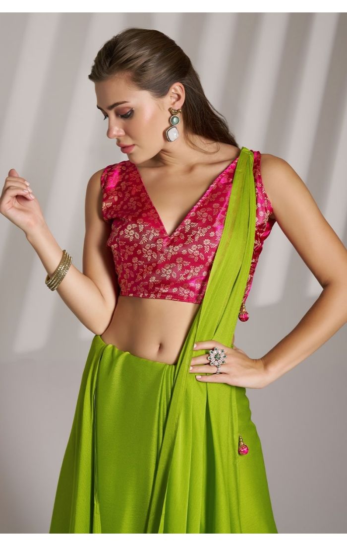 Lime Green Chiffon Saree with Pink Embroidered Blouse - Wedding & Partywear Saree for Women