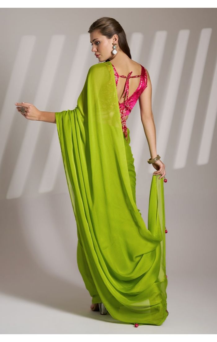 Lime Green Chiffon Saree with Pink Embroidered Blouse - Wedding & Partywear Saree for Women