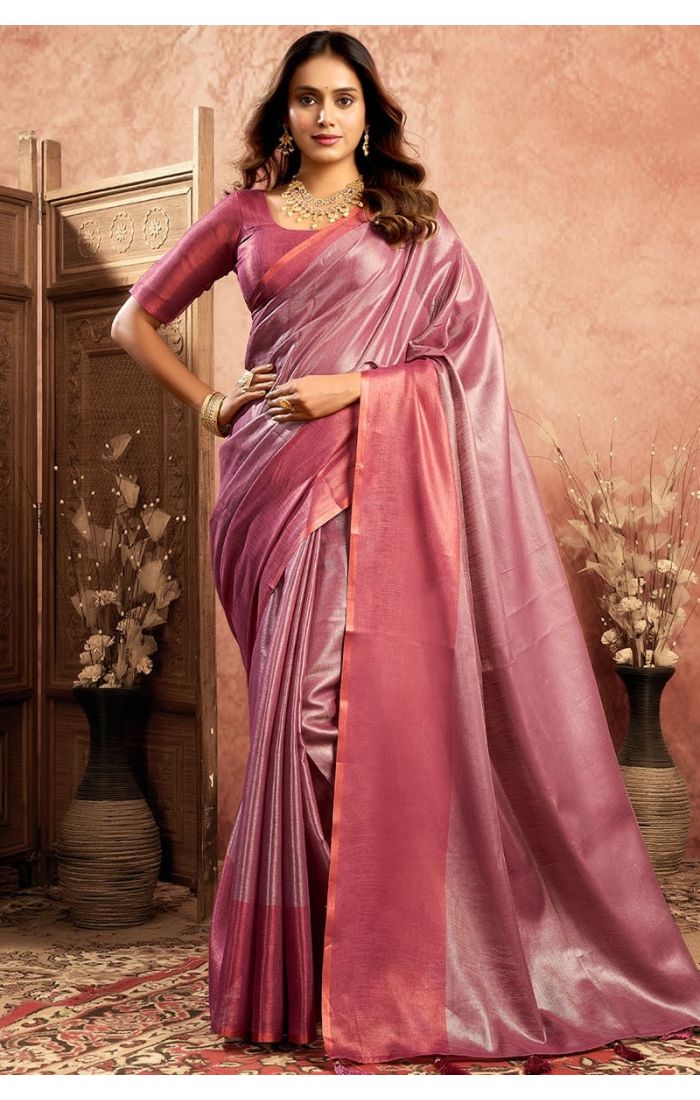  Full view of Magenta Tissue Saree draped on model