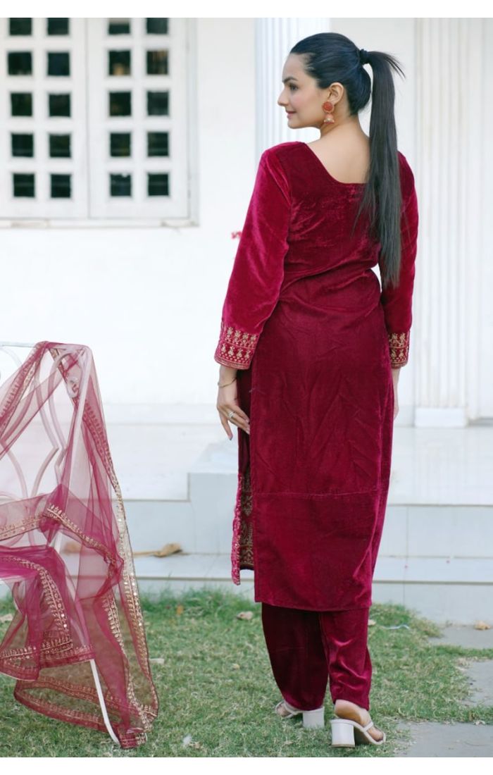 Burgundy velvet suit with embroidered dupatta – Luxury festive & wedding wear