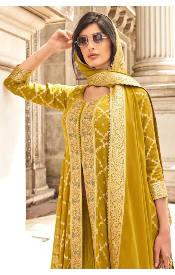 Mustard Roman Silk Embroidered Palazzo Suit – Festive & Wedding Wear