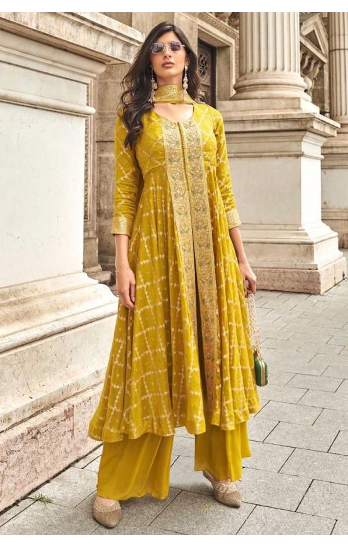 Mustard Roman Silk Embroidered Palazzo Suit – Festive & Wedding Wear